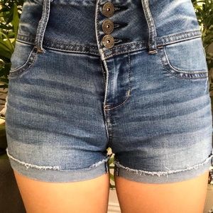 high waisted button up jean shorts